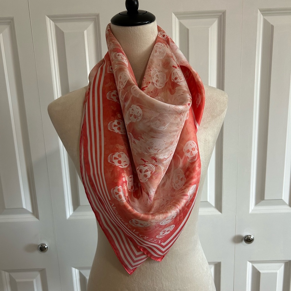 Alexander McQueen Red and White Geometric Silk Scarf